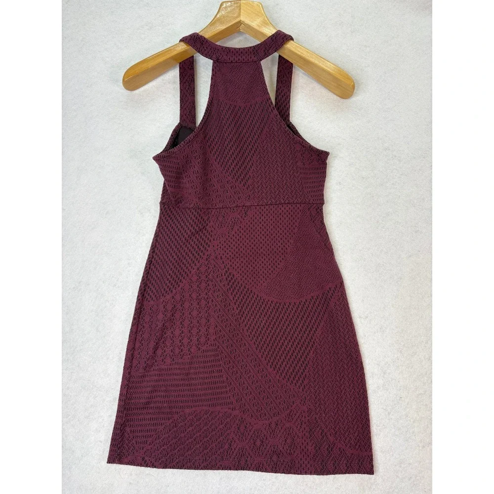 Free People‎ Burgundy Textured Halter Mini Dress Womens Small Boho Jacquard